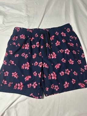 Vintage 90s Plugg  Swimming Trunks XL 38 Navy Floral Pink Hibiscus Surf